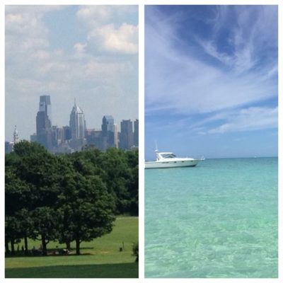 A collage of two pictures of land and sea