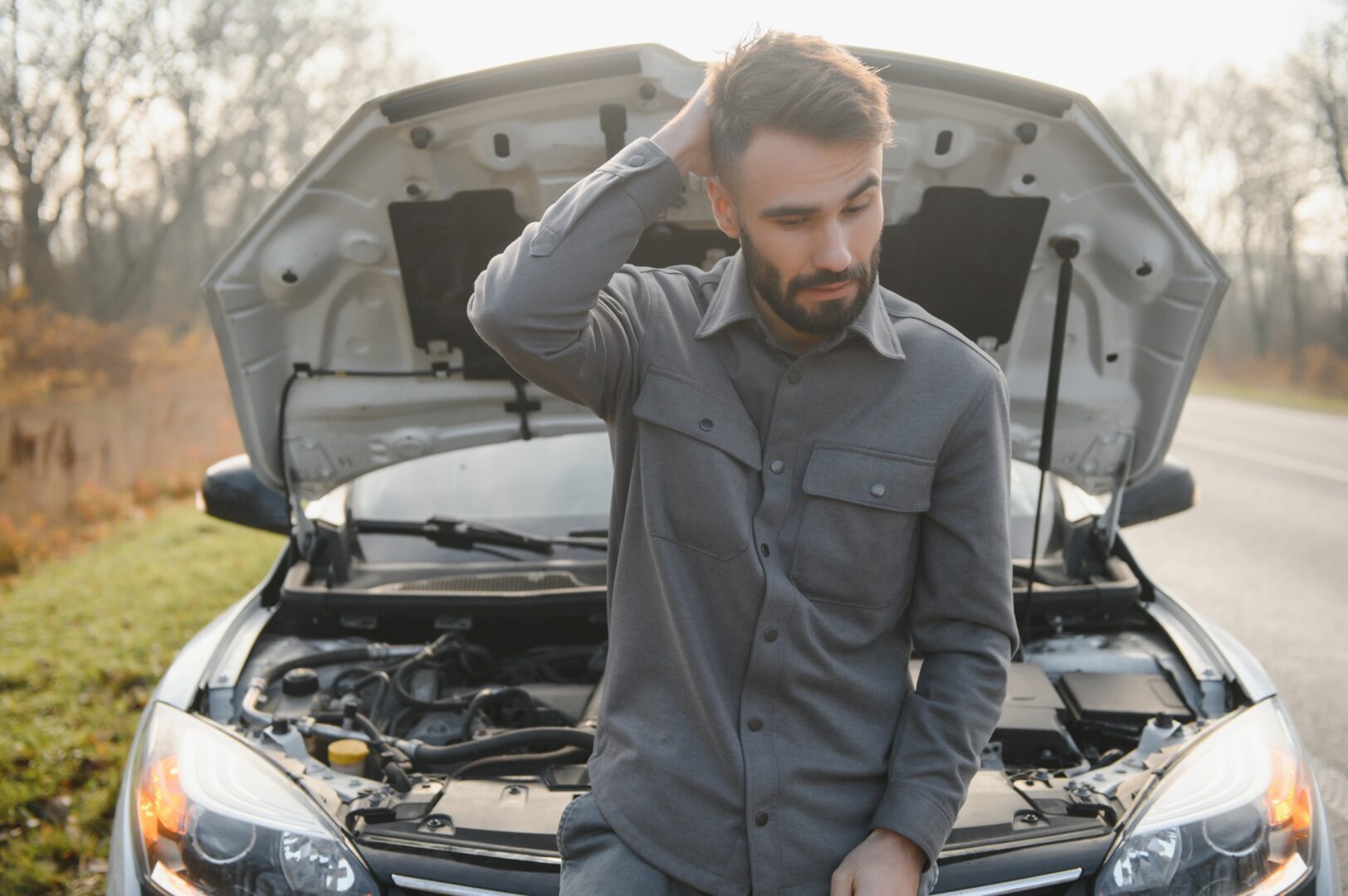 Man looking at broken down car.